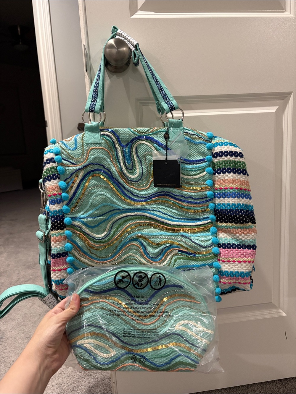 NWT America & Beyond Daphne Teal  Bead Embellished Tote/Strap And Small Clutch